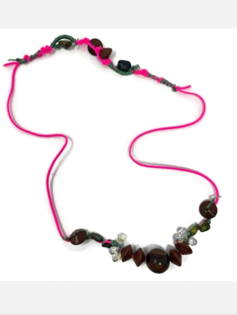 OOAK Vintage Wood Crystal Turquoise Neon Pink Artisan Statement Necklace